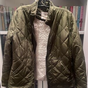 Thread & Supply Quilted Olive Green Puffer Jacket with White Sherpa Trim